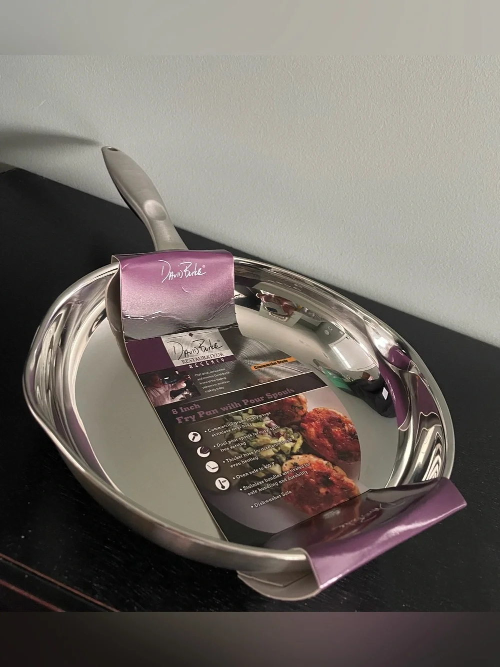 David Burke Regency 8 Inch Stainless Steel Fry Pan W Pour Spouts Up to 400F NEW